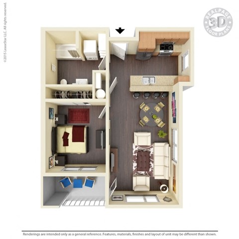Floor plan for 1 bed, 1 bath, 630 sqft